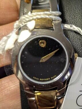 NWT Movado Amarosa Black Dial Two-Tone Stainless Steel and Gold Watch,